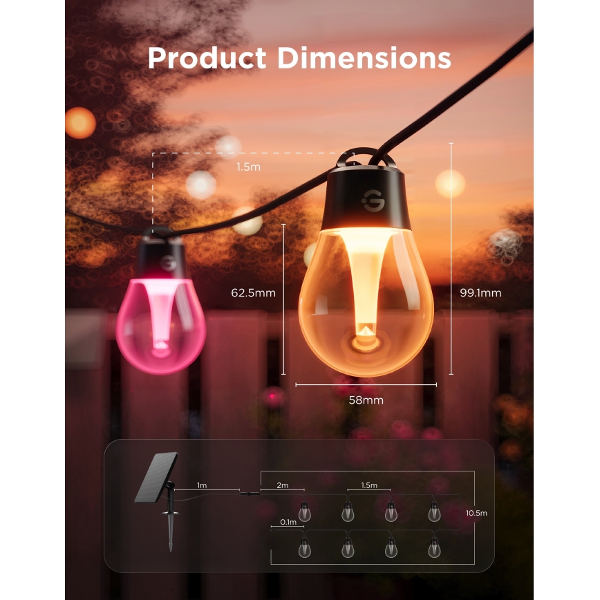 Govee - LED RGBICW Łańcuch solarny 8xLED/6W/5V Wi-Fi Matter IP67