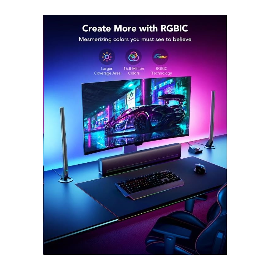 Govee - ZESTAW 2x Smart Gaming Wi-Fi LED RGBIC Panele + Smart Dual czarny + pilot zdalnego sterowania