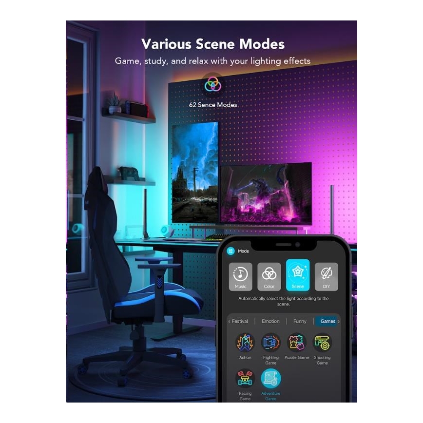 Govee - ZESTAW 2x Smart Gaming Wi-Fi LED RGBIC Panele + Smart Dual czarny + pilot zdalnego sterowania
