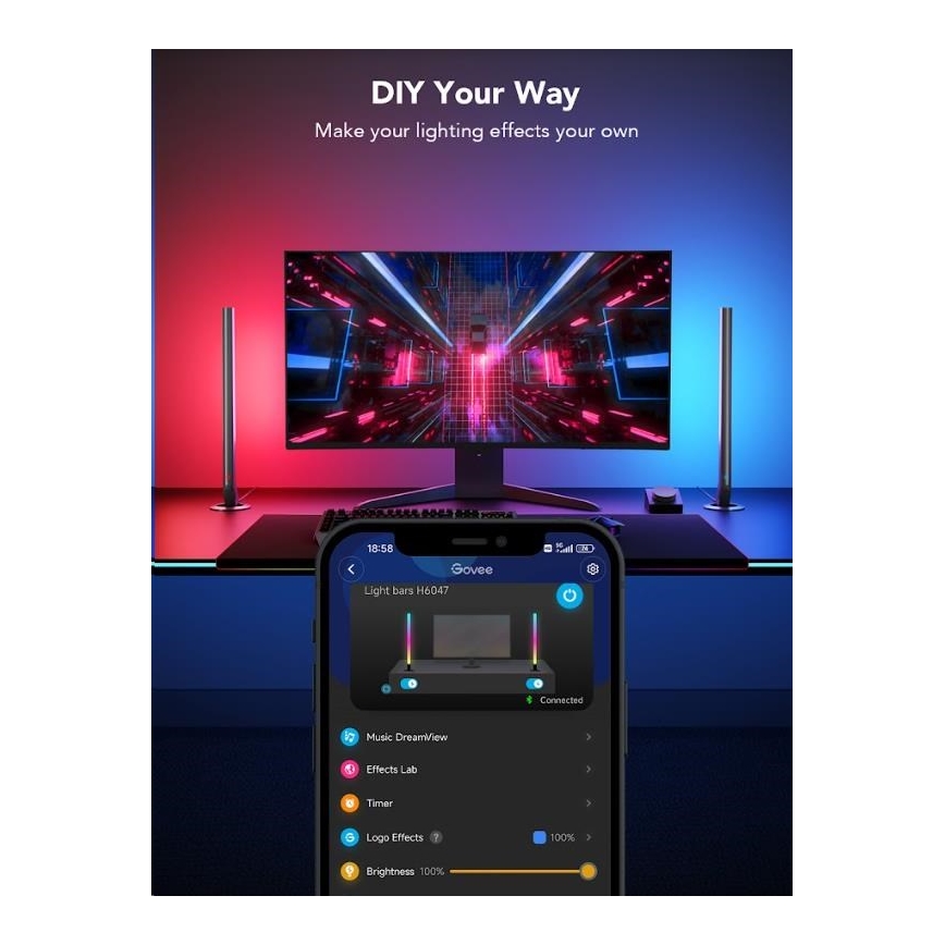 Govee - ZESTAW 2x Smart Gaming Wi-Fi LED RGBIC Panele + Smart Dual czarny + pilot zdalnego sterowania
