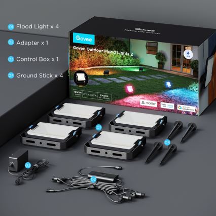 Govee - Zestaw 4x naświetlaczy LED RGBICWW ściemnialnych/24W/230V IP66 Matter Wi-Fi