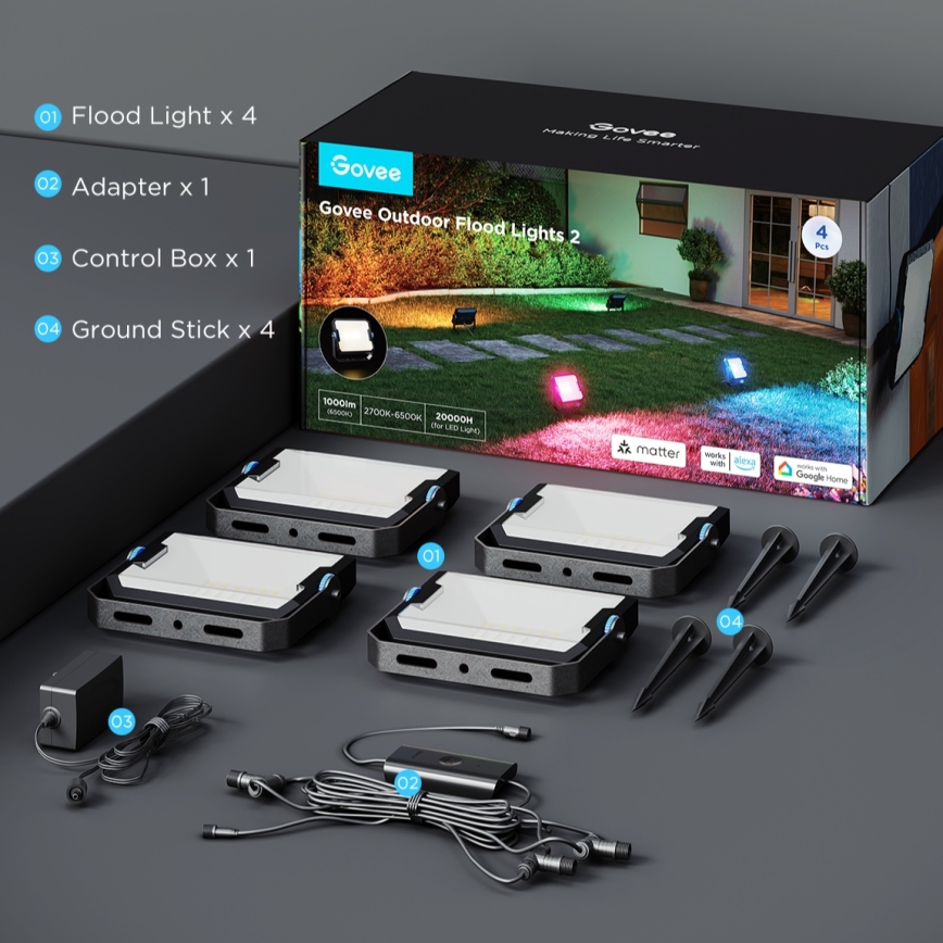 Govee - Zestaw 4x naświetlaczy LED RGBICWW ściemnialnych/24W/230V IP66 Matter Wi-Fi