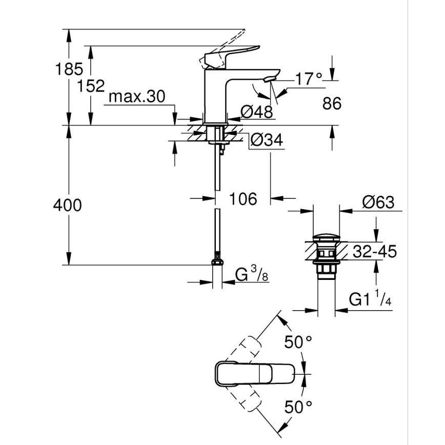 GROHE 1018570000 - Bateria umywalkowa DICE S, polerowany chrom
