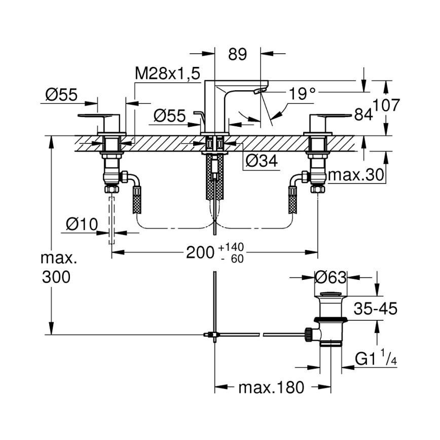 GROHE 20187000-Bateria umywalkowa 3-otworowa EUROSMART COSMOPOLITAN DN 15 chrom