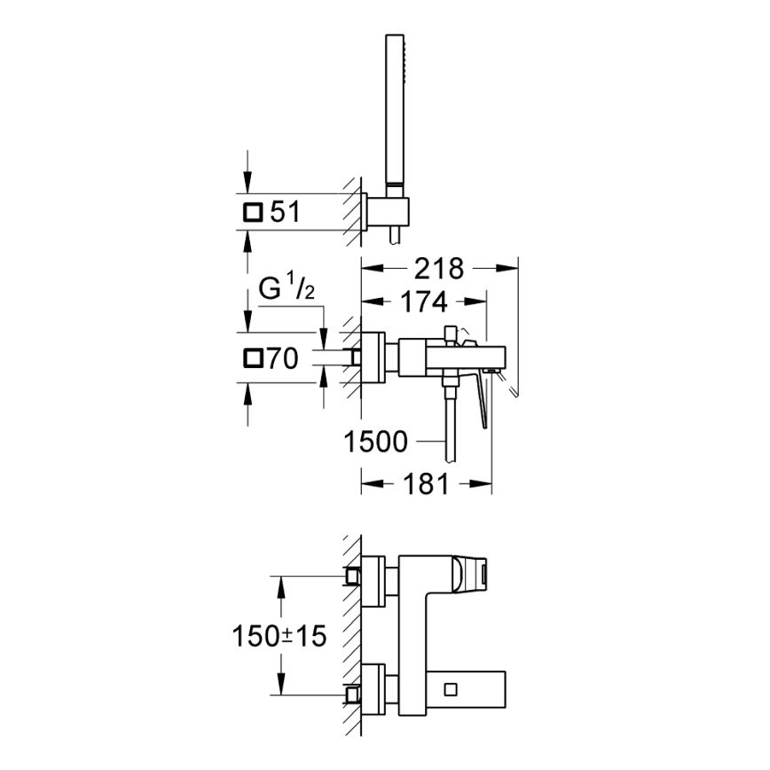 GROHE 23141000 - Zestaw wannowy z baterią EUROCUBE DN 15 chrom błyszczący