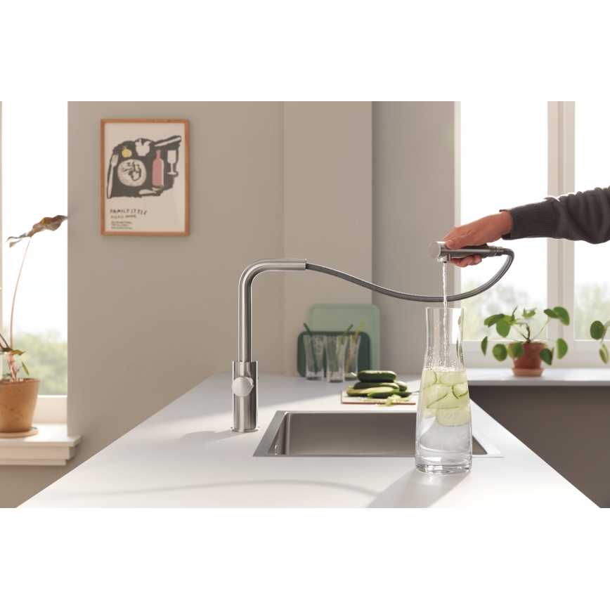 GROHE 30590DC0 - Bateria zlewozmywakowa z wyciąganą wylewką BLUE PURE ze stali nierdzewnej