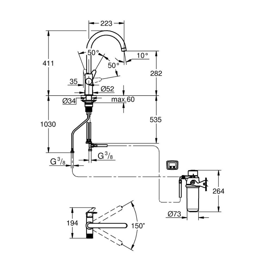 GROHE 30593000 - Bateria zlewozmywakowa BLUE PURE z wylewką C, chrom błyszczący