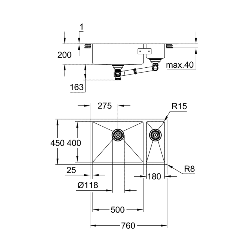 GROHE 31575SD1 - Zlewozmywak kuchenny K700U 760 × 450 mm stal nierdzewna
