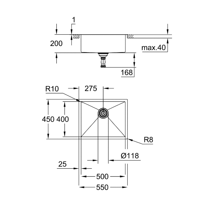 GROHE 31726SD0 - Zlewozmywak kuchenny K700 550 × 450 mm ze stali nierdzewnej