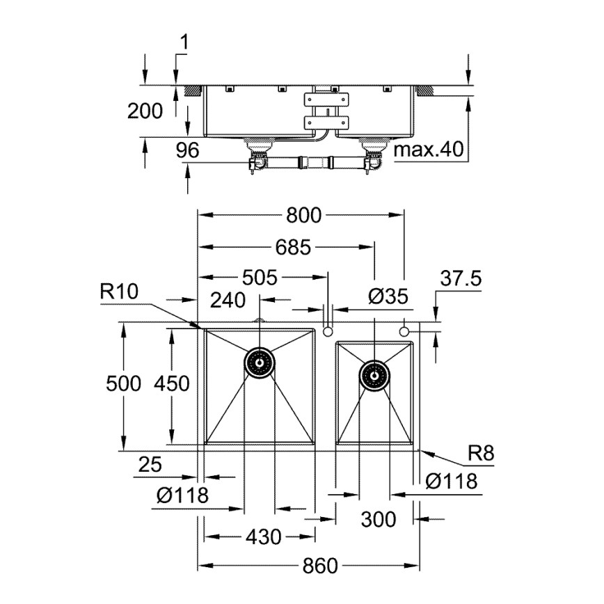 GROHE 31855SD0 - Zlewozmywak kuchenny K700 860 × 500 mm ze stali nierdzewnej