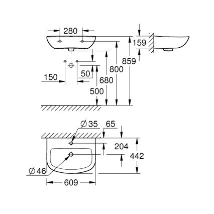 GROHE 39421000 - Umywalka wisząca BAU CERAMIC 609 × 442 mm ceramika/biała