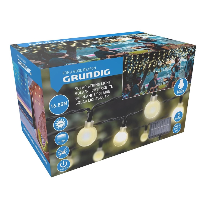 Grundig - Łańcuch solarny LED 100xLED/8 funkcji 16,85 m ciepła biel