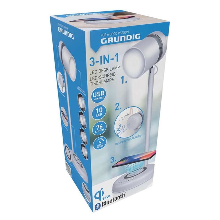 Grundig - Lampa stołowa LED z bezprzewodowym ładowaniem i głośnikiem 3 w 1 LED/15W/5V
