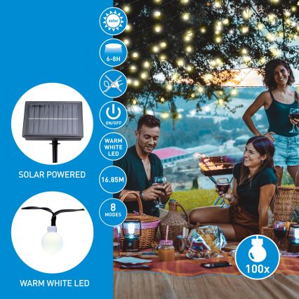 Grundig - Łańcuch solarny LED 100xLED/8 funkcji 16,85 m ciepła biel