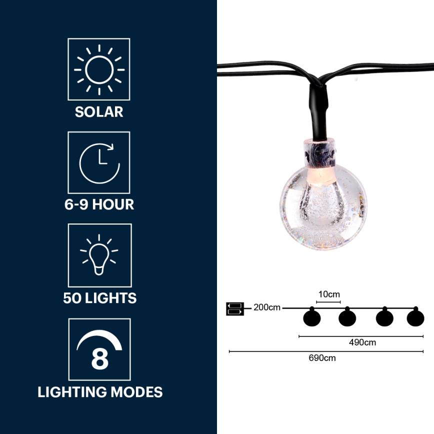 Grundig - LED Łańcuch solarny 50xLED/8 funkcji 6,9m ciepła biel
