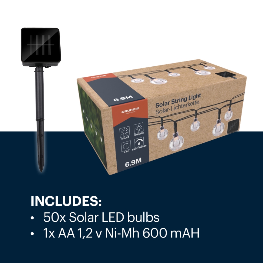 Grundig - LED Łańcuch solarny 50xLED/8 funkcji 6,9m ciepła biel