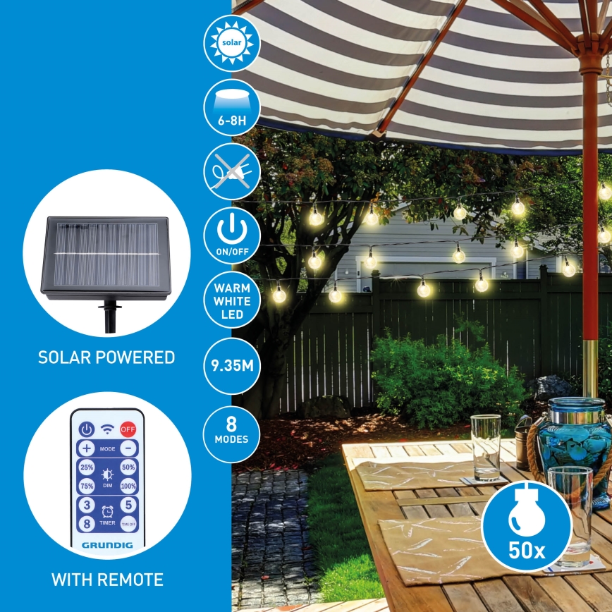 Grundig - LED Ściemnialny łańcuch solarny 50xLED/8 funkcji 9,35m ciepła biel + pilot zdalnego sterowania