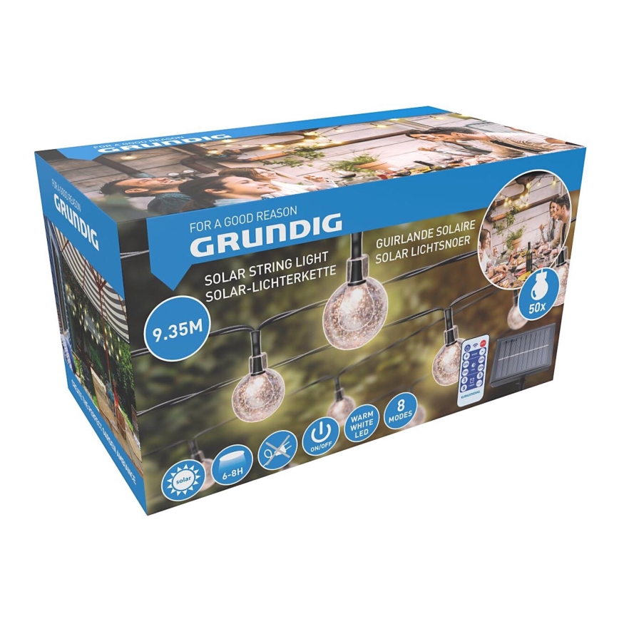 Grundig - LED Ściemnialny łańcuch solarny 50xLED/8 funkcji 9,35m ciepła biel + pilot zdalnego sterowania