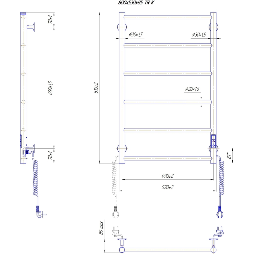 Grzejnik łazienkowy drabinkowy CLASSIC 110W/230V 81x52 cm stal nierdzewna/czarny prawy