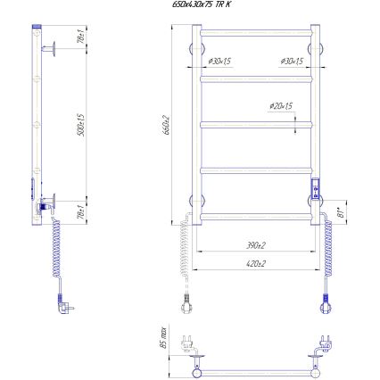 Grzejnik łazienkowy drabinkowy CLASSIC 65W/230V 66x42 cm, stal nierdzewna/biały, prawy