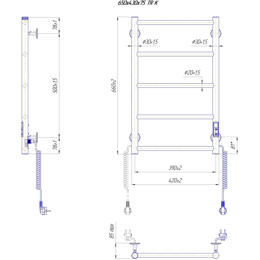 Grzejnik łazienkowy drabinkowy CLASSIC 65W/230V 66x42 cm, stal nierdzewna/biały, prawy