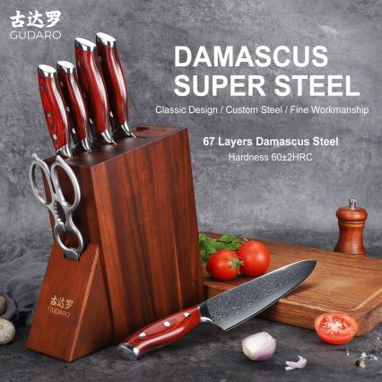 Gudaro - 7-częściowy zestaw noży kuchennych w bloku KENSHO, akacja