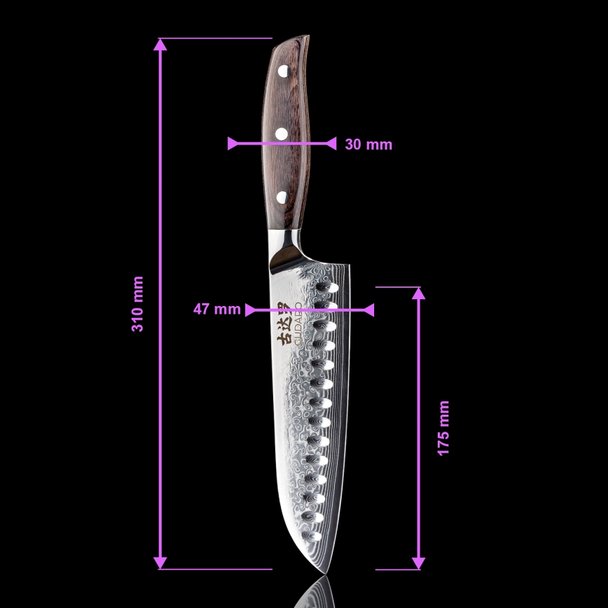 Gudaro - Damasceński nóż kuchenny Santoku SHIRO 7, 67 warstw stali, długość 17,5 cm