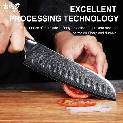 Gudaro - Damaśkowy nóż kuchenny Santoku KENSHO 7, 67 warstw stali, długość 17,5 cm