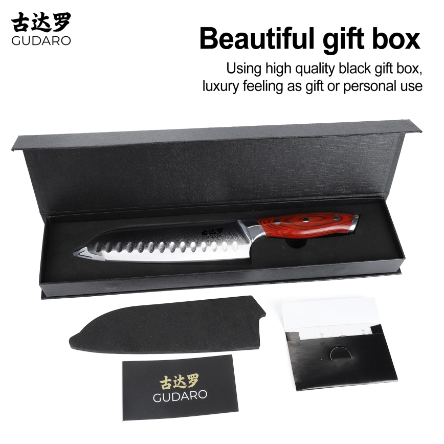 Gudaro - Damaśkowy nóż kuchenny Santoku KENSHO 7, 67 warstw stali, długość 17,5 cm