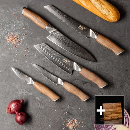 Gudaro - Zestaw 5 szt. noży kuchennych z damastu TAKUMI + listwa magnetyczna