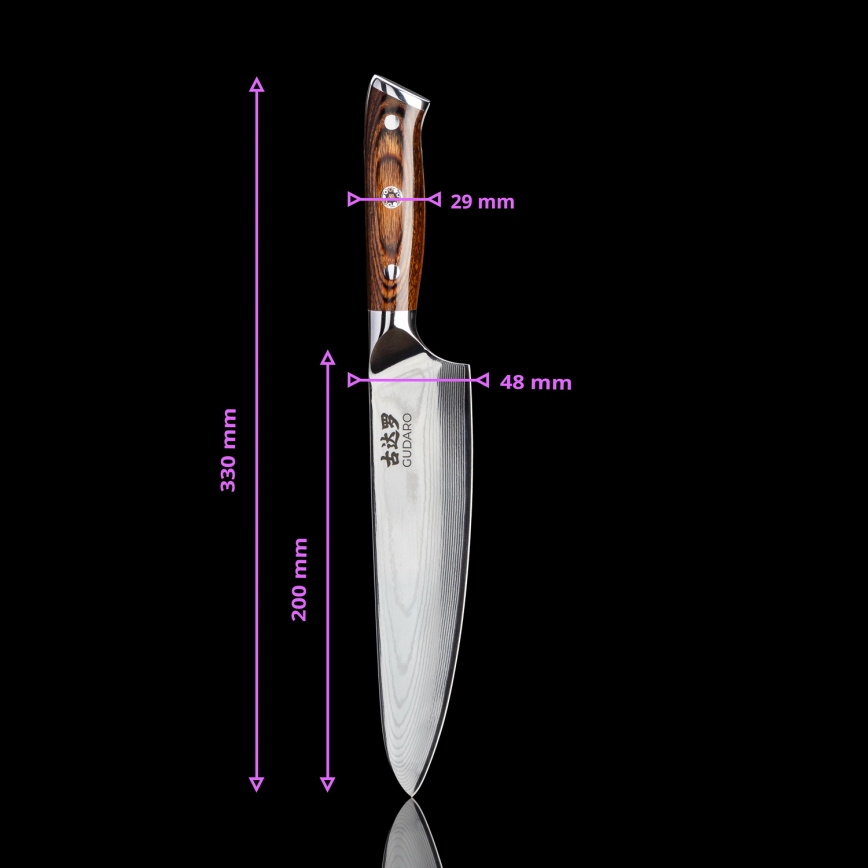Gudaro - ZESTAW 1x damasceński nóż szefa kuchni FENG 8, 67 warstw stali, długość 20 cm + 1x damasceński nóż Santoku FENG 7,5, 67 warstw stali, długość 18 cm + 1x DARMOWY damasceński nóż do owoców FENG 3,5, 67 warstw stali, długość 9,5 cm
