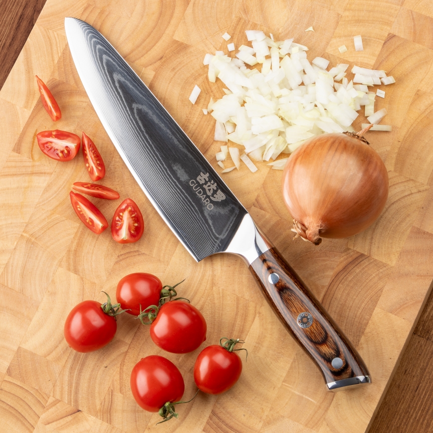 Gudaro - ZESTAW 1x damasceński nóż szefa kuchni FENG 8, 67 warstw stali, długość 20 cm + 1x damasceński nóż kuchenny Santoku FENG 7,5, 67 warstw stali, długość 18 cm + 1x GRATIS damasceński nóż kuchenny FENG 3,5, 67 warstw stali, długość 9,5 cm