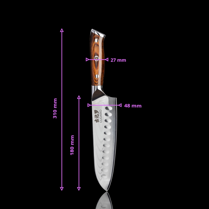 Gudaro - ZESTAW 1x damasceński nóż szefa kuchni FENG 8, 67 warstw stali, długość 20 cm + 1x damasceński nóż kuchenny Santoku FENG 7,5, 67 warstw stali, długość 18 cm + 1x GRATIS damasceński nóż kuchenny FENG 3,5, 67 warstw stali, długość 9,5 cm