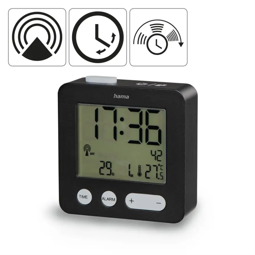 Hama - Budzik z wyświetlaczem LCD i termometrem 2xAAA czarny