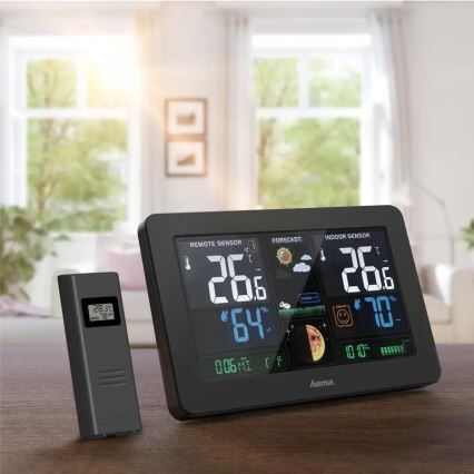 Hama - Stacja meteorologiczna z kolorowym wyświetlaczem LCD i budzikiem 230V/2xAA + USB czarny