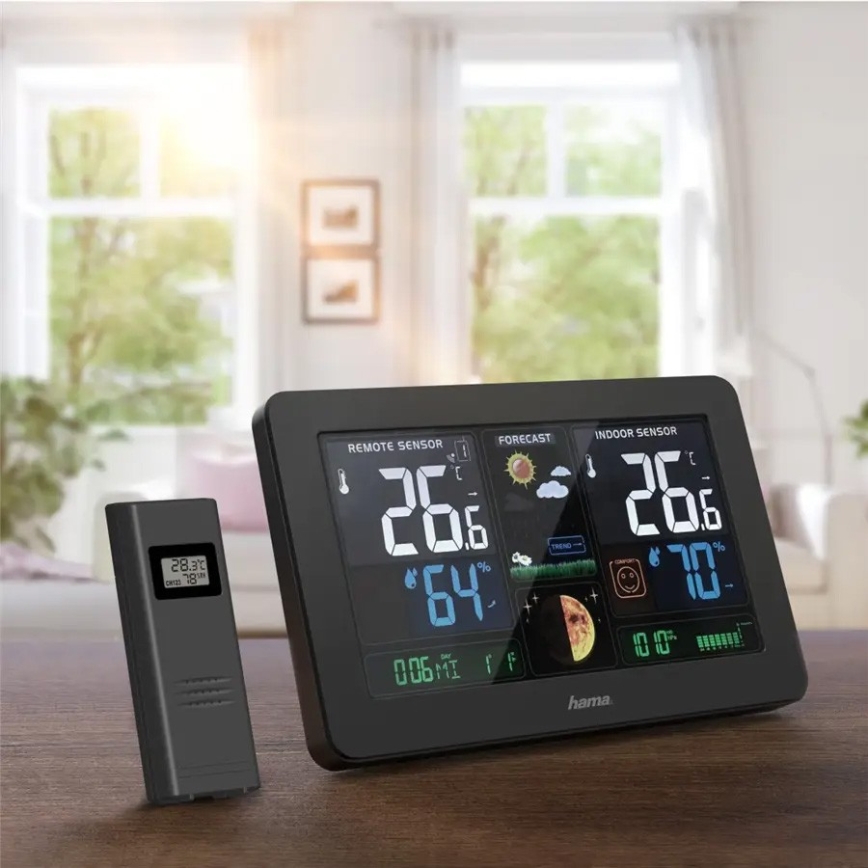 Hama - Stacja meteorologiczna z kolorowym wyświetlaczem LCD i budzikiem 230V/2xAA + USB czarny