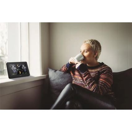 Hama - Stacja meteorologiczna z kolorowym wyświetlaczem LCD i budzikiem 230V/2xAA + USB czarny