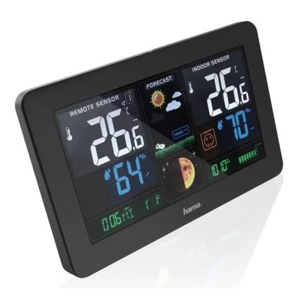 Hama - Stacja meteorologiczna z kolorowym wyświetlaczem LCD i budzikiem 230V/2xAA + USB czarny