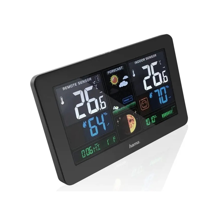 Hama - Stacja meteorologiczna z kolorowym wyświetlaczem LCD i budzikiem 230V/2xAA + USB czarny