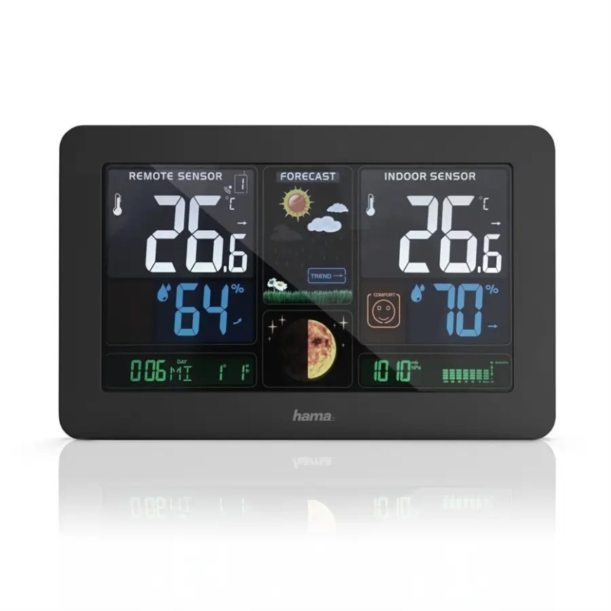Hama - Stacja meteorologiczna z kolorowym wyświetlaczem LCD i budzikiem 230V/2xAA + USB czarny