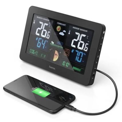 Hama - Stacja meteorologiczna z kolorowym wyświetlaczem LCD i budzikiem 230V/2xAA + USB czarny
