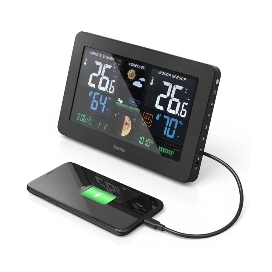 Hama - Stacja meteorologiczna z kolorowym wyświetlaczem LCD i budzikiem 230V/2xAA + USB czarny