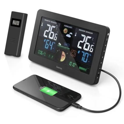 Hama - Stacja meteorologiczna z kolorowym wyświetlaczem LCD i budzikiem 230V/2xAA + USB czarny