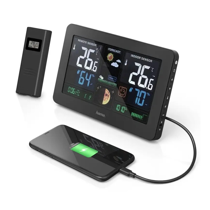 Hama - Stacja meteorologiczna z kolorowym wyświetlaczem LCD i budzikiem 230V/2xAA + USB czarny
