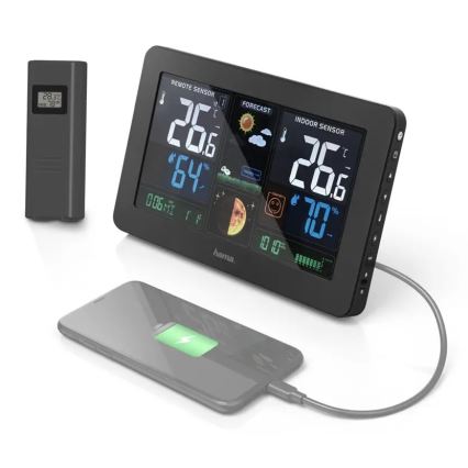 Hama - Stacja meteorologiczna z kolorowym wyświetlaczem LCD i budzikiem 230V/2xAA + USB czarny