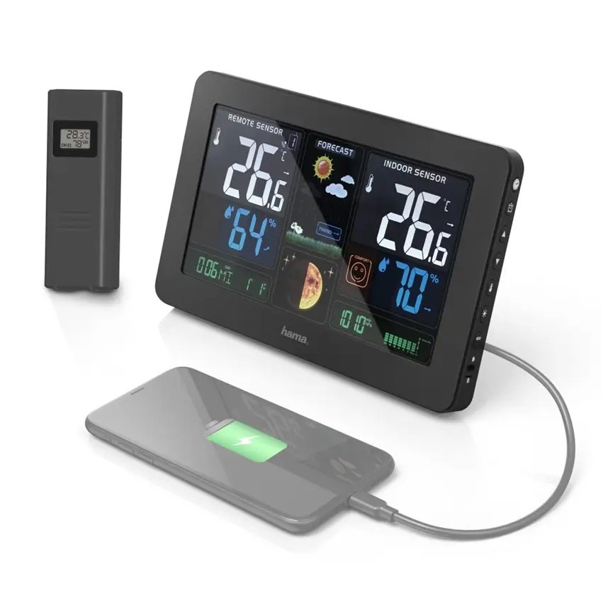 Hama - Stacja meteorologiczna z kolorowym wyświetlaczem LCD i budzikiem 230V/2xAA + USB czarny