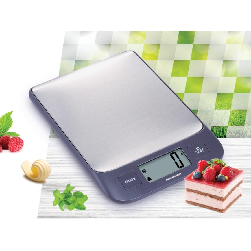 Heinner HKS-5IXBK - Cyfrowa waga kuchenna, zasilanie 2x AAA, szara/matowy chrom