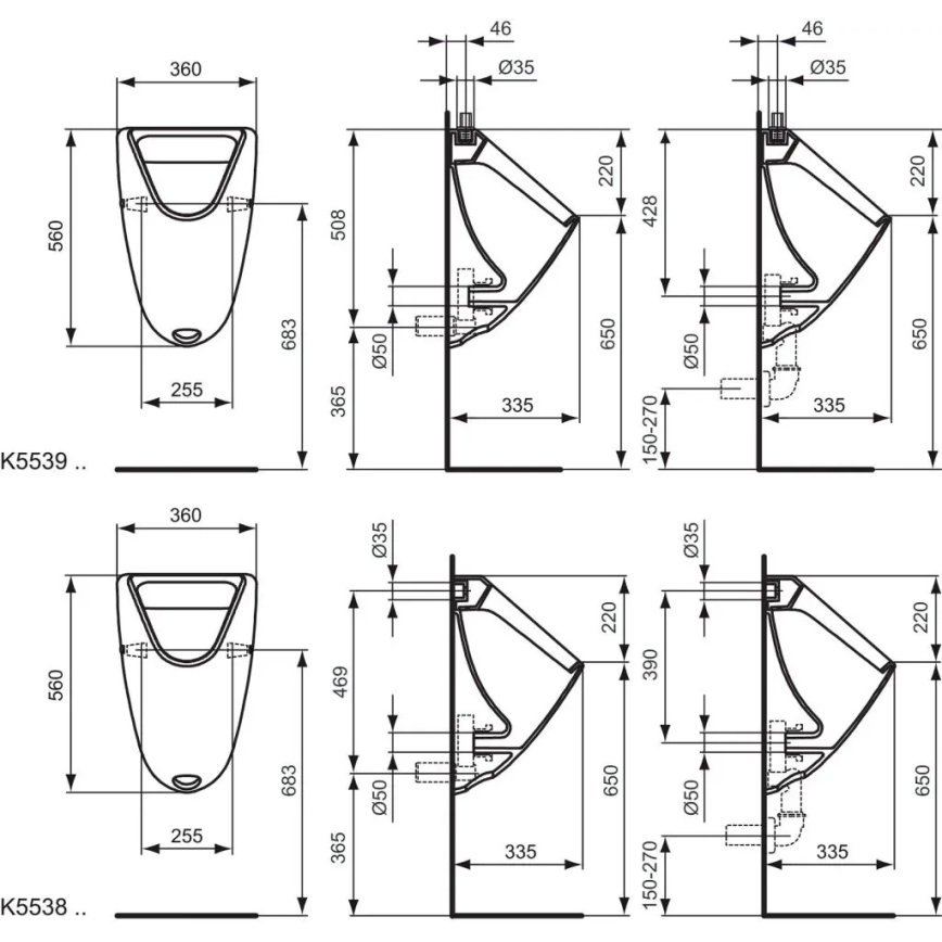 Ideal Standard K553901 - Pisuar EUROVIT dopływ od góry, odpływ z tyłu ceramika/biały
