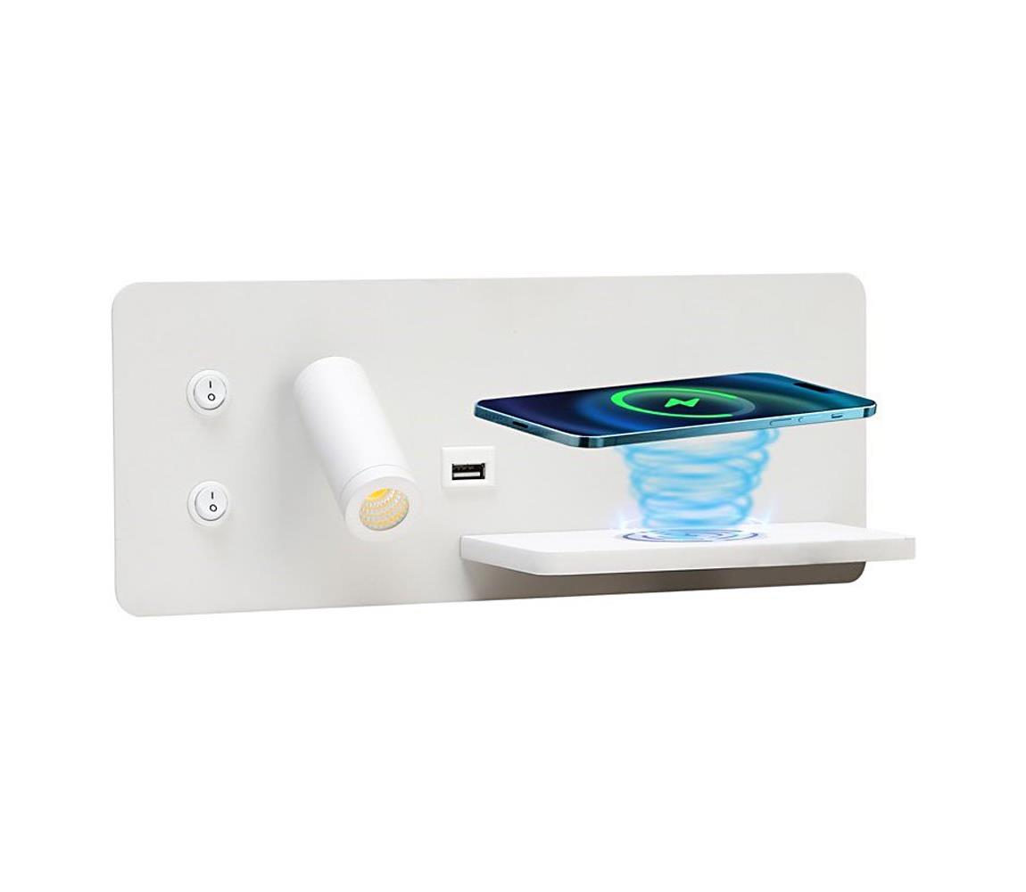 08285L-LED Kinkiet z półką, USB i ładowaniem bezprzewodowym LED/3W/230V + LED/3W