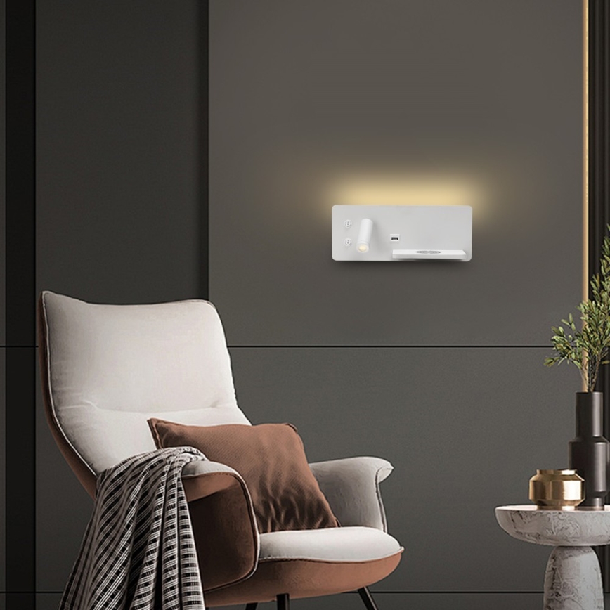 Immax 08285L - LED Reflektor ścienny z półką, portem USB i bezprzewodowym ładowaniem Be PREPARE LED/3W/230V + LED/3W biały